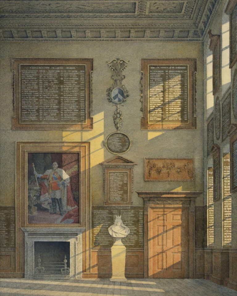 Artist Gerard Stamp’s painting shows the East Wall of Barts Great Hall with light coming in from the windows to the right casting shadows