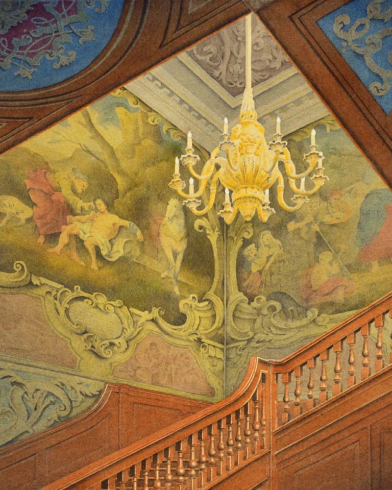 Artist Gerard Stamp’s painting of the Hogarth Stair looks up from the ground floor towards Hogarth's Good Samaritan to the left.