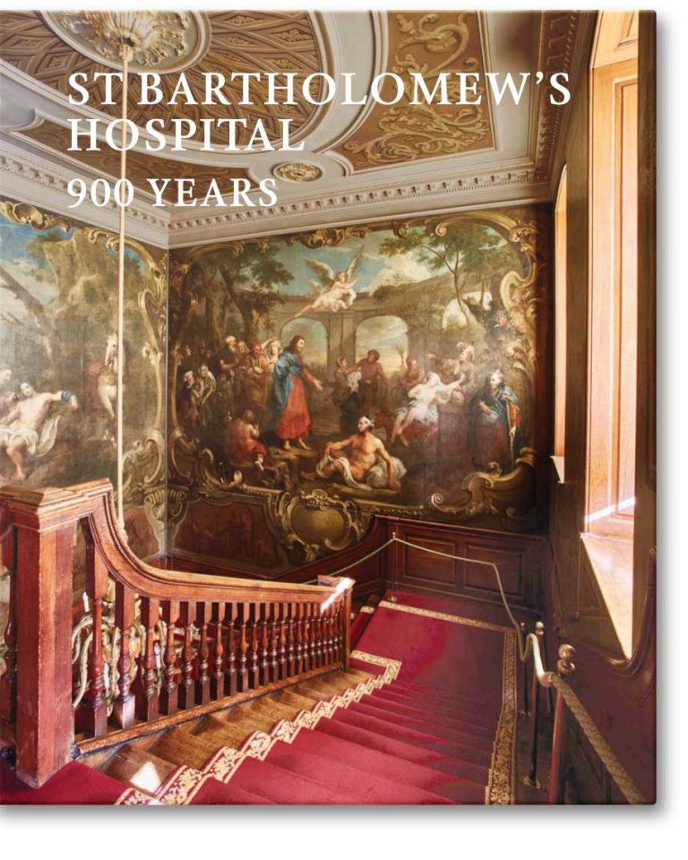 The cover of the hardback book St Bartholomew’s Hospital: 900 Years, showing a view of the Hogarth Stair shot from the first floor