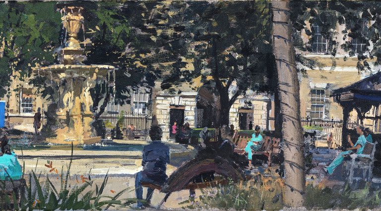 A painting showing hospital staff in green/blue uniforms and visitors sitting on benches in the Square around the fountain at St Bartholomew’s Hospital