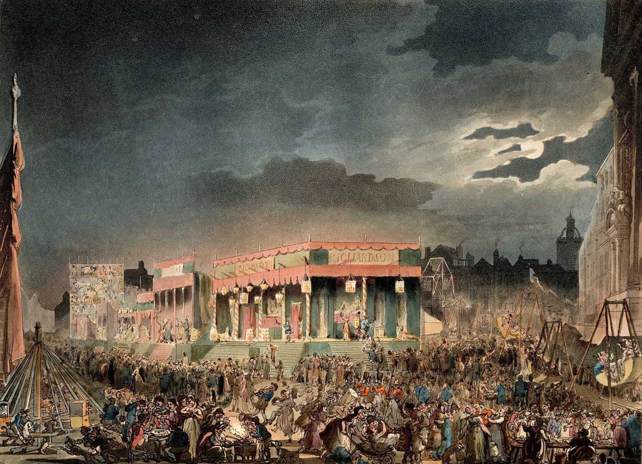An aquatint of Bartholomew Fair from Rudolph Ackermann’s Microcosm of London