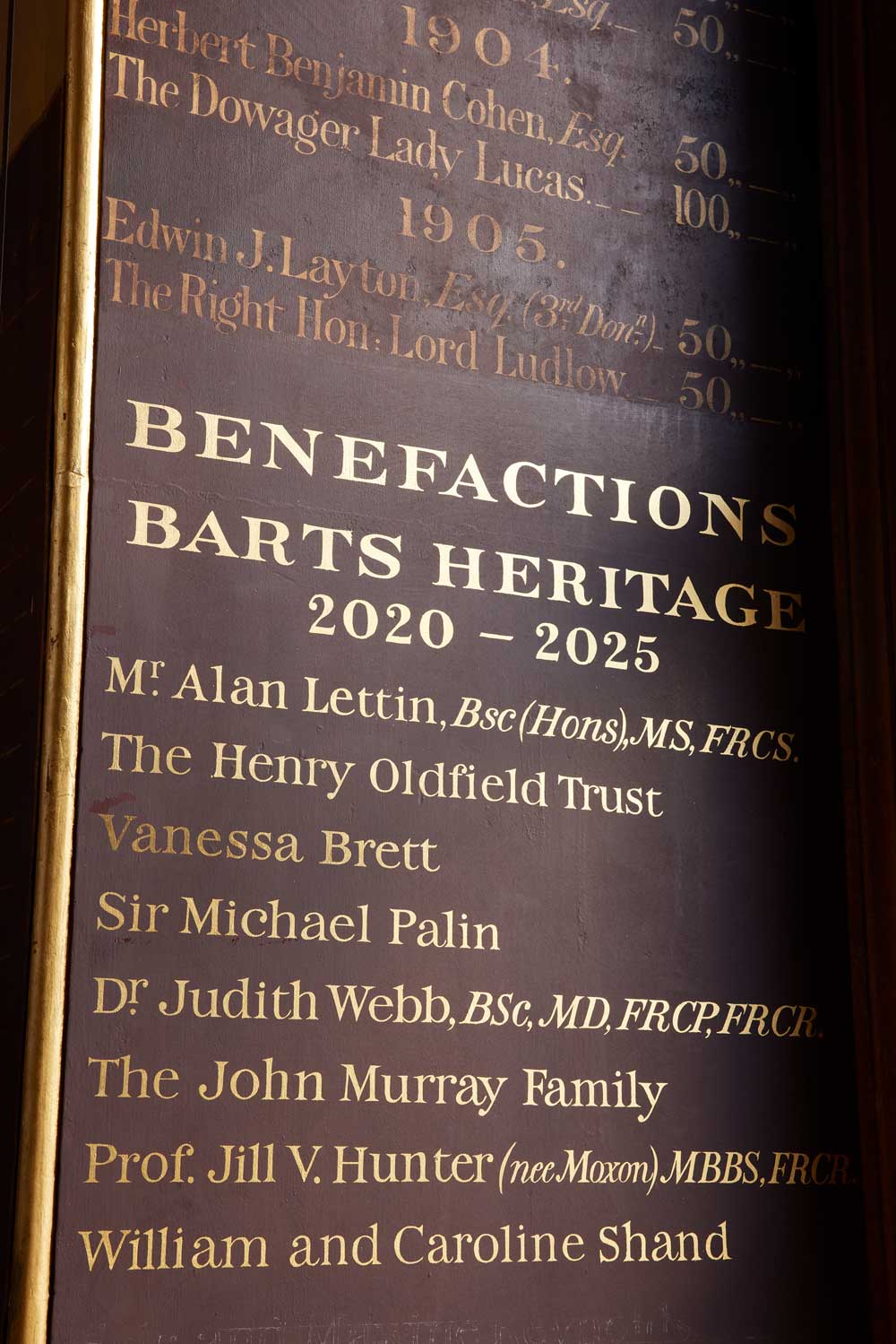 Signwritten list of Benefactions to Barts Heritage