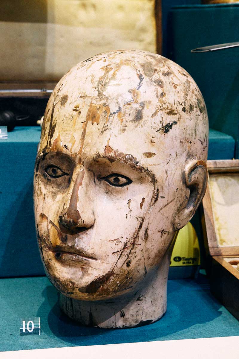 A wooden head exhibited at St Bartholomew’s Hospital Museum