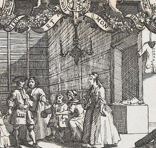 Black and white engraving of an interior of a clothing shop.