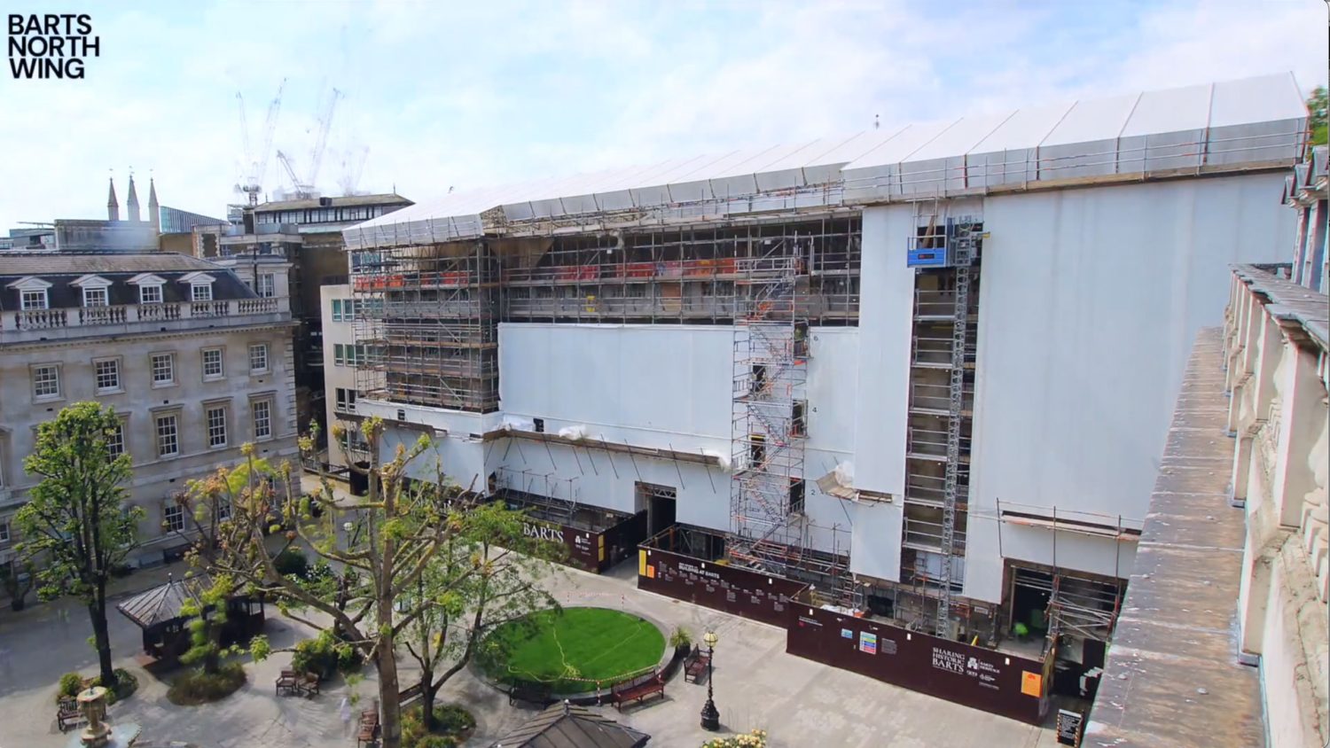The North Wing, shrouded in scaffolding and white sheeting is revealed as the scaffolding comes down in the final months of the refurbishment