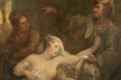 Painting of a woman partially clothed who is pointing towards a man stood behind her who is gesturing to someone we can't see.