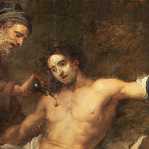 Painting showing a man pouring ointment onto an injured man's chest.