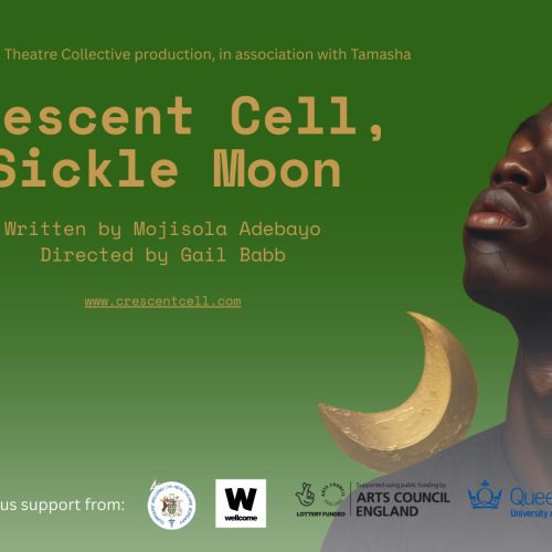 Green background with crescent moon and Black man with face lifted and eyes closed.