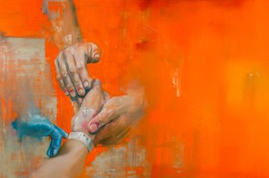Painting showing two hands touching with a gloved hand checking a medical wristband on one of the hands.