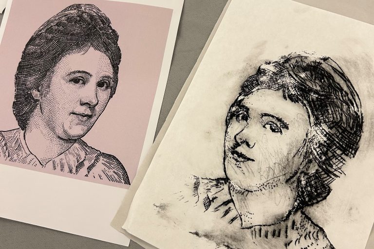 Two prints of a female, head and shoulders.